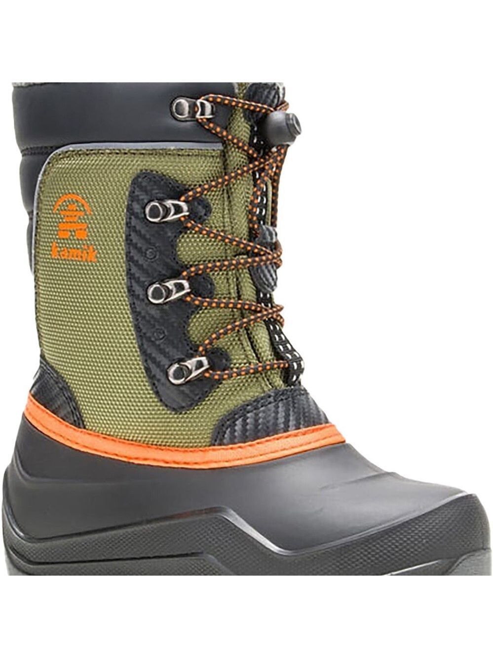 Size 7 Youth Kamik Kids' Green and Black Boots with Orange Accents